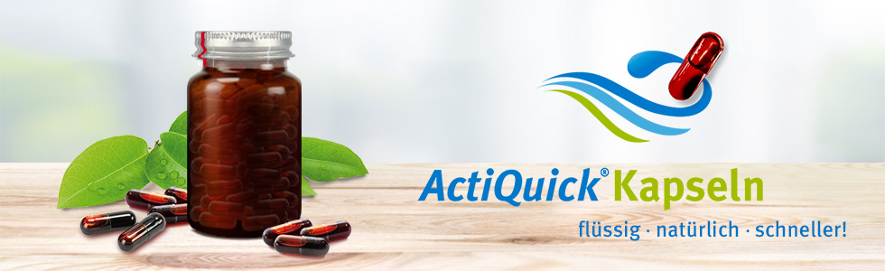 Dr. Hittich Glas mit Flüssigkapseln. Dahinter grüne Blätter und nebenan Logo ActiQuick Kapseln: Flüssig, natürlich, schneller