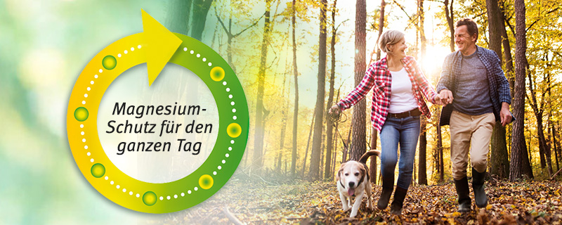 Mann und Frau spazieren mit Hund im Wald und daneben ein Kreis mit dem Satz: Magnesium-Schutz für den ganzen Tag