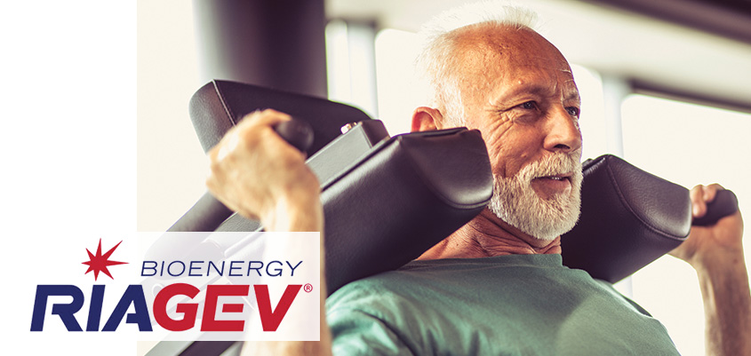 Bioenergy Riagev Logo. Senior im Fitness Center. Verlinkung zum Anfang der Bestellung.
