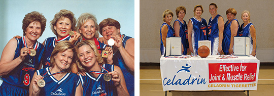 Fotos der sechs Tigerettes-Frauen: Links die Gruppe mit Gold-Medaillen, rechts stehen sie hinter einen Tisch wo Celadrin steht