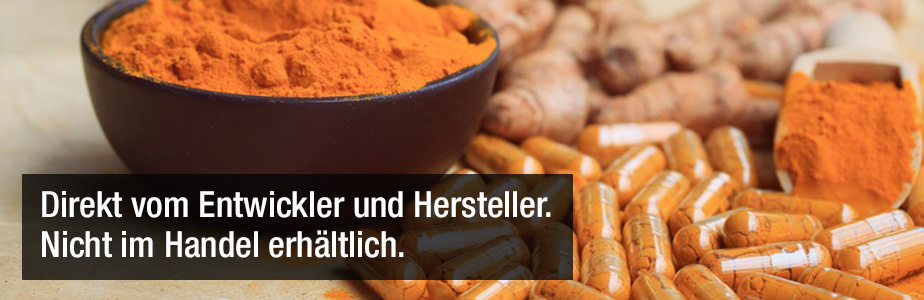 Schalle und Kapseln mit Kurkuma-Pulver mit dem Titel: Direkt vom Entwickler und Hersteller. Nicht im Handel erhältlich.