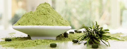 Naturstoffe mit der Intelligenz der Natur. Schale mit hellem grünem Pulver neben dunkelgrüne Tabletten